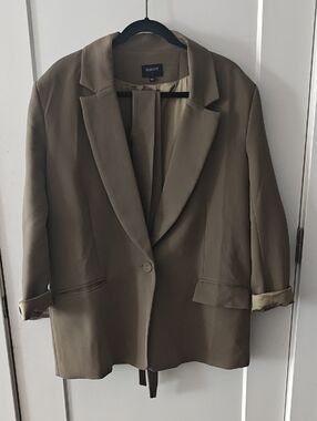 BARDOT Olive-Taupe Relaxed Single-Button Blazer With Waist Tie